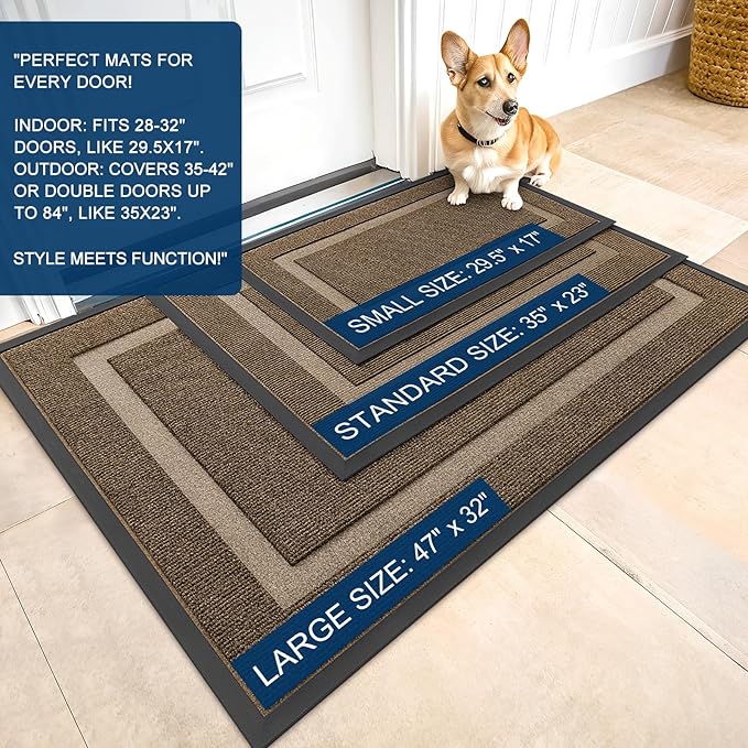 OLANLY Front Door Mat Indoor Outdoor Entrance, Waterproof All-Season, All-Weather Doormat, Sturdy Natural Rubber, Fade Resistant, Low Profile, Easy Clean Patio Porch Entryway Mat, 59x23, Brown