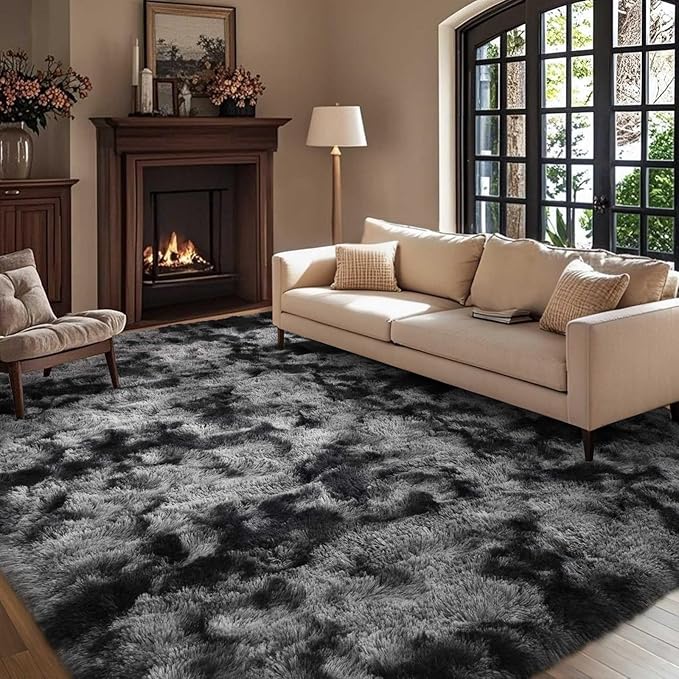 8x10 Ft Extra Large Shag Rugs for Living Room, Tie Dyed Ultra Soft Fluffy Furry Area Rugs for Bedroom Indoor Floor, Aesthetic Carpet for Kids Home Decor (Dark Grey)