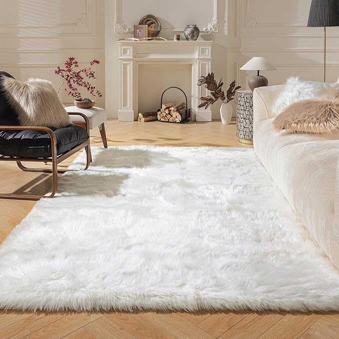 Ashler faux fur rug, Fluffy Shaggy Area Rug Ultra Soft 6 x 9 Feet Rectangle Fur Rug White Fuzzy Rug Machine Washable Shag Rug, Nursery Decor Throw Rugs for Bedroom, kids room, Living Room
