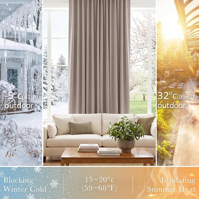 PONY DANCE Blackout Curtains Thermal Insulated Window Treatment Panels Room Darkening Blackout Drapes for Living Room Back Tab/Rod Pocket Bedroom Draperies, 52 x 54 Inch, Light Taupe, 2 Panels