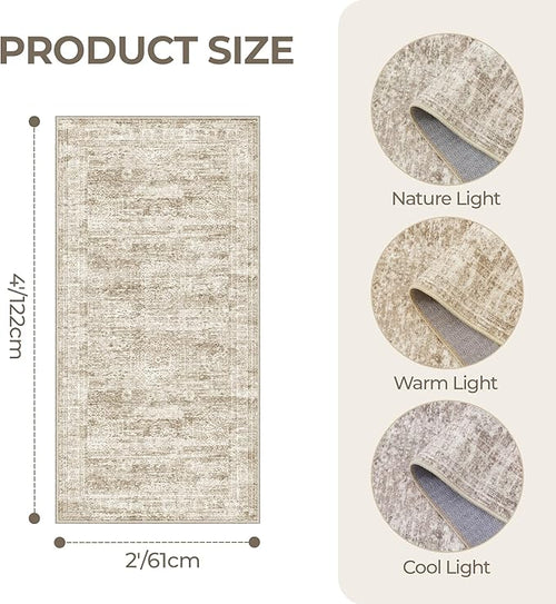 2x4 Washable Rug Runner for Bathroom, Soft Entryway Rug for Laundry Room, Kitchen, Vintage Abstract Hallway Runner for Bedroom, Anti-Slip Door Mat Indoor Entrance(2'x4', Brown/Ivory)