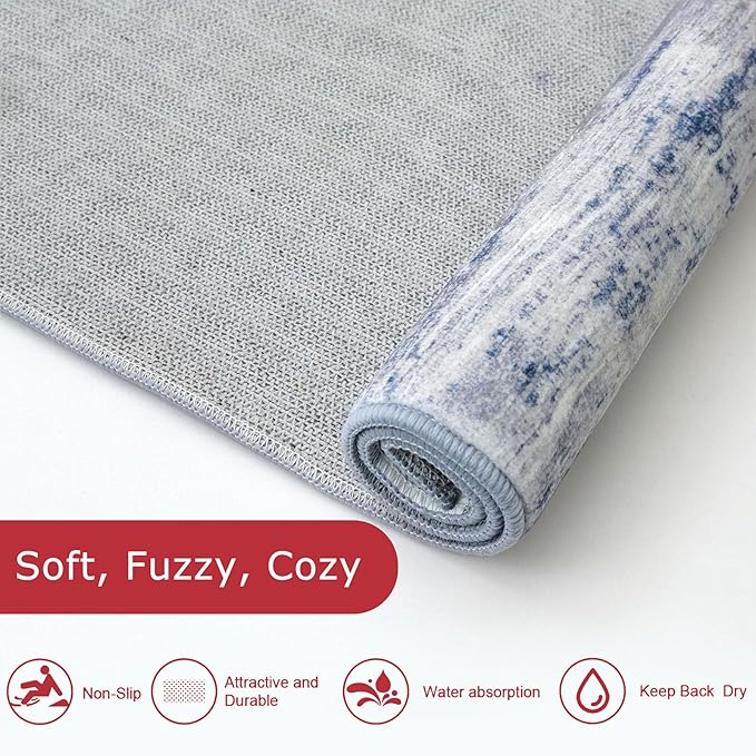 KOZYFLY Modern Abstract Rugs for Entryway 2x3, Washable Kitchen Rug Non-Slip Soft Small Area Rug, Grey-Blue Striped Throw Rugs Faux Wool Doormat for Bedside Entrance Bathroom Sink