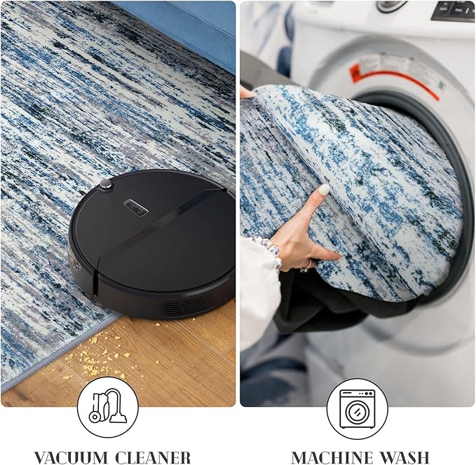 Lansny Modern Abstract 4x6 Living Room Washable Rug Non-Slip Soft Bedroom Area Rug Grey Blue White Thin Print Faux Wool Floor Carpet Throw Rugs for Nursery Playroom Dining Room Indoor Home Decor