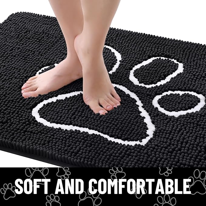 Smiry Dog Door Mat for Muddy Paws, Absorbent Dirt Trapper Non Slip Quick Dry Washable Chenille Mat for Mud Dogs, Entry Rug for Indoor and Outdoor (59x35 Inches, Black and White)