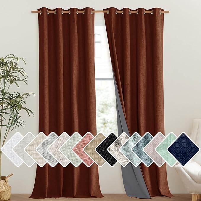 NICETOWN 100% Absolutely Blackout Linen Curtains with Thermal Insulated Liner, 52" Wide, 2 Panels, 102" Long Drapes, Grommet Retro Burnt Orange Linen Curtains Vertical Drapes Privacy for Bedroom