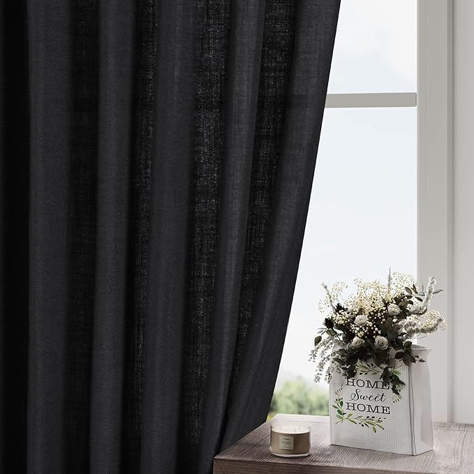 Black Linen Curtains 84 inches Long 2 Panels for Bedroom Back Tab Light Filtering Privacy Sheer Black Curtains Muslin Look Modern Farmhouse Cotton Textured Gauze Curtain for Living Room 2 Panel Set