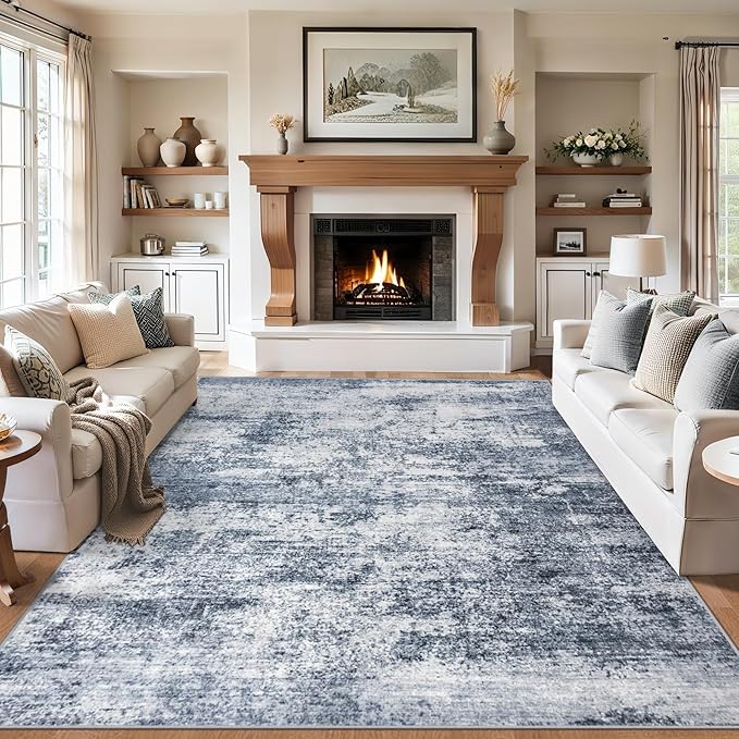 8x10 Area Rugs for Living Room - Washable Rug Modern Abstract Soft Large Neutral Non-Slip Carpet Indoor Floor Thin Carpets for Bedroom Dining Room Farmhouse Nursery Home Office Grey Blue