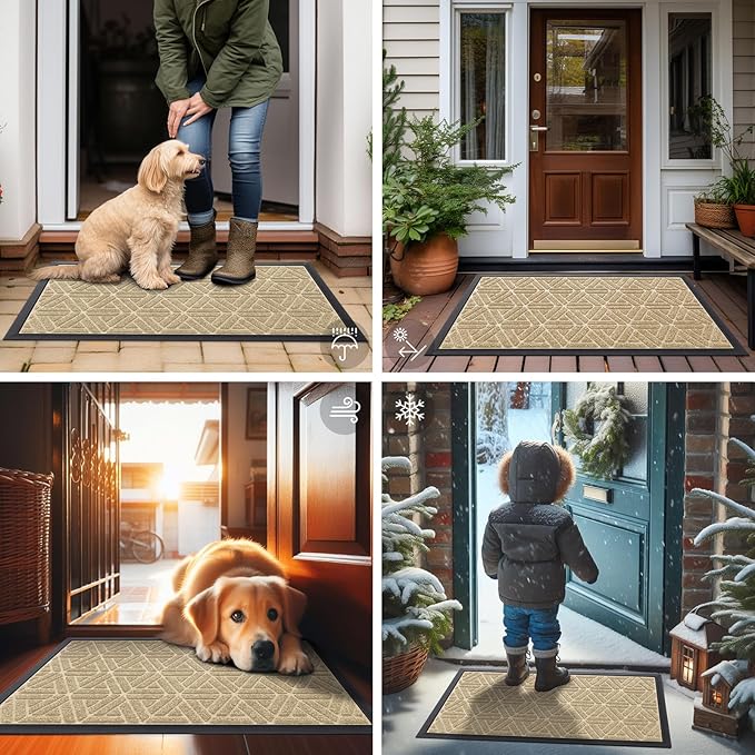 Smiry Front Door Mat Outside Entrance, Heavy Duty Sturdy Natural Rubber Doormat, Trap Dirt and Moisture, Easy Clean Low Profile Mats for Indoor Outdoor Entry, Grid Geometric (71x47, Beige)