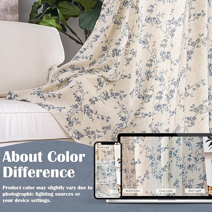 Lazzzy Blue Floral Linen Curtains 84 Inch Length Farmhouse Curtain Back Tab Drapes for Living Room Bedroom Light Filtering Vintage Rod Pocket Curtains, 2 Panels, Blue on Beige