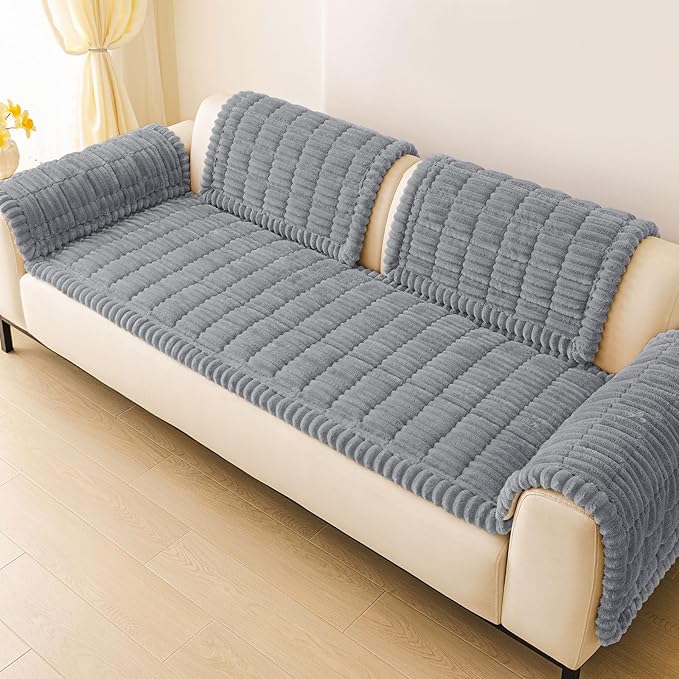 hyha Couch Covers for Dogs Washable, Non Slip Plush Dog Sofa Protectors, Fuzzy Pet Couch Covers for 3 Cushion Sofa Pet Friendly (Grey, 27.6" x 88")
