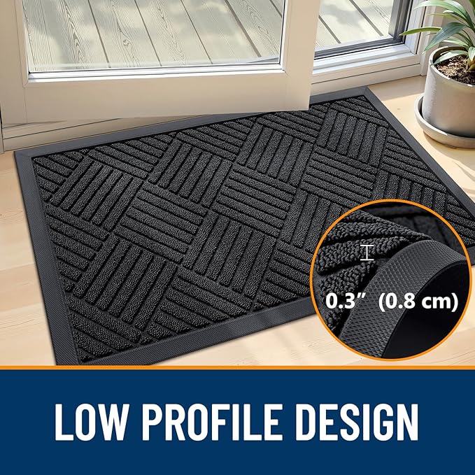OLANLY Front Door Mat Outside Entrance 29.5x17, Absorbent, Heavy Duty Sturdy Natural Rubber Doormat Indoor Outdoor, Stain and Fade Resistant, Non-Slip Low Profile Floor Mat for Entryway, Black Diamond