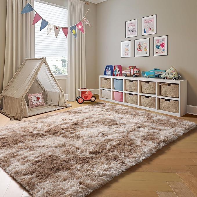 ONASAR Area Rugs for Bedroom Living Room, Fluffy Tie-Dye Beige 4x6 Indoor Bedside Floor Throw Rug, Soft Plush Shaggy Carpet for Nursery Kids Girls Boys Teen Dorm Home Office Decor Aesthetic