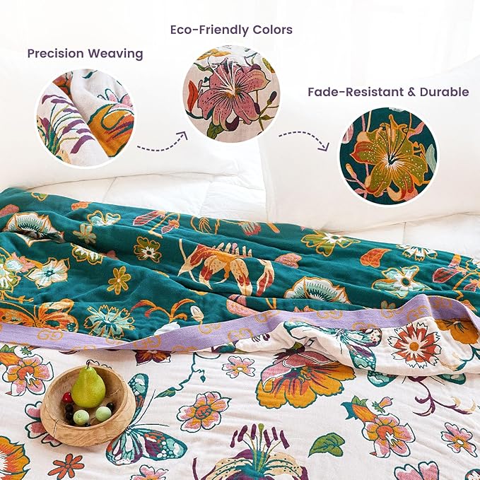 MSGKV Boho Throw Blanket 90"x90" Floral Blanket for Bed 100% Cotton Spring Breathable Lightweight Farmhouse Queen Blankets All Seasons Home Decor Muslin
