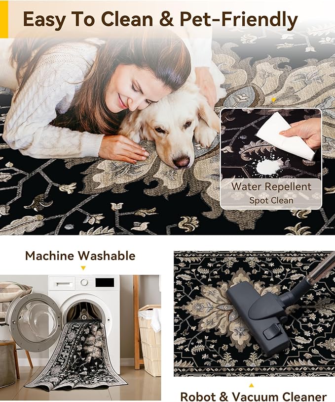 RELEANY Area Rugs 3'x4' Washable Non-Slip, Floral Vintage Distress Print Pattern Medallion Carpet for Living Room Bedroom Dining Room, Black Brown Neutral Dark Tan