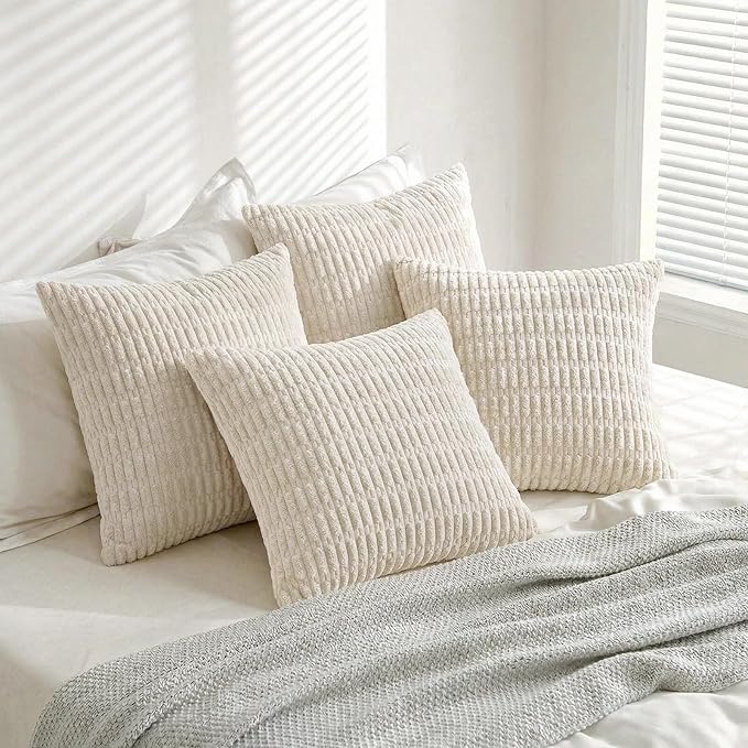 Fancy Homi 4 Packs Boho Cream Decorative Throw Pillow Covers 18x18 Inch for Living Room Couch Bed Sofa, Rustic Modern Farmhouse Home Decor, Soft Plush Corduroy Cute Square Beige Cushion Case 45x45 cm