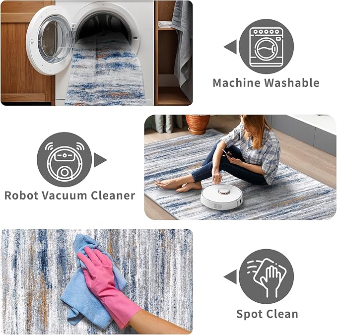 2x10 Washable Runner Rugs for Hallway: Easy-to-Clean Abstract Runners for Entryway Kitchen Dining Room- Stain and Water Resistant Rugs with Non-Slip Backing - Soft Low-Pile Carpet Navy Grey
