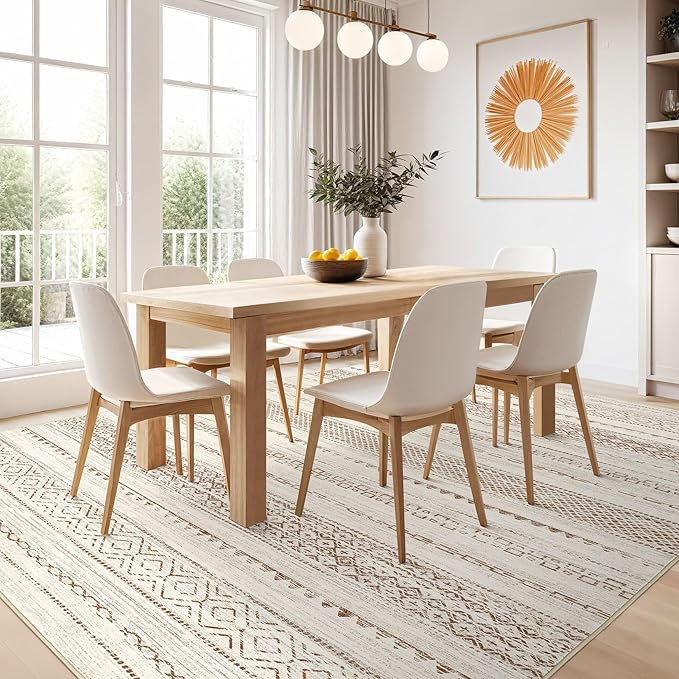 Nakagishi 9x12 Area Rug Living Room: Washable Boho Large Neutral Modern Soft Farmhouse Rugs Stain Resistant Indoor Floor Non-Slip Carpet for Bedroom Nursery Kids Playroom Office Dining Room- Brown
