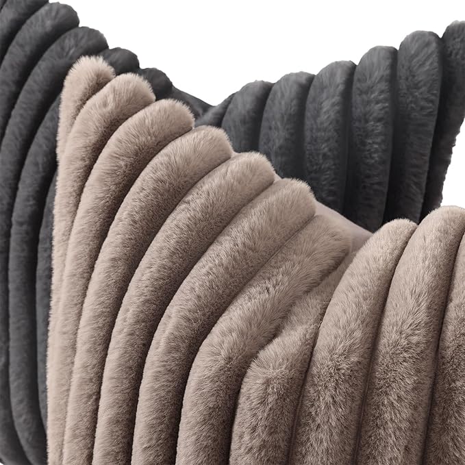 decorUhome Cozy Faux Fur Throw Pillow Covers 22x22 Set of 2 Decorative Soft Plush Striped Modern Farmhouse Boho Couch Euro Sham Pillow Cases with Velvet Back for Sofa Bed Living Roomr, Dark Grey