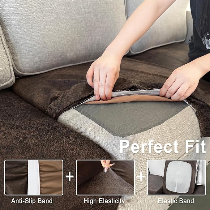 Leather Look Couch Cushion Covers Sofa Seat Slipcovers Sets Couches Furniture Protector for Sectional Armchair Loveseat Pets Kids Stretch Spandex Fabric(3 Cushion Sofa, Brown)
