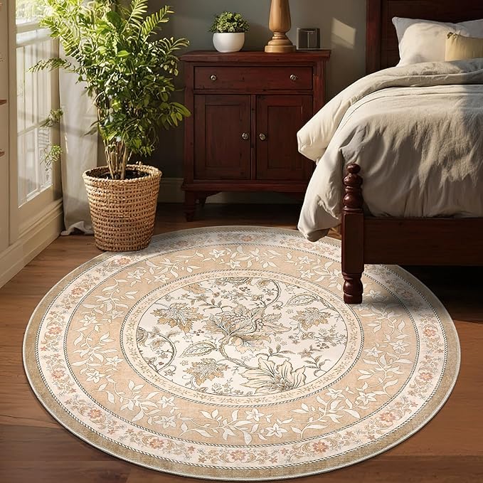GarveeHome Pinkish Brown Botanical Grove 4ft Round Rug, Small Circle Vintage Cottagecore Soft Low-Pile Non-Slip Washable Rugs for Living Room Bedroom Nursery Kitchen Retro Carpet