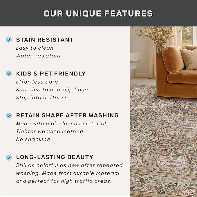 Vintage Moss Green Entryway Rug, 3x5 Washable Area Rugs for Kitchen, Bathroom, Bedroom, Boho Oriental Low Pile Stain Resistant Non-Slip Small Throw Rug