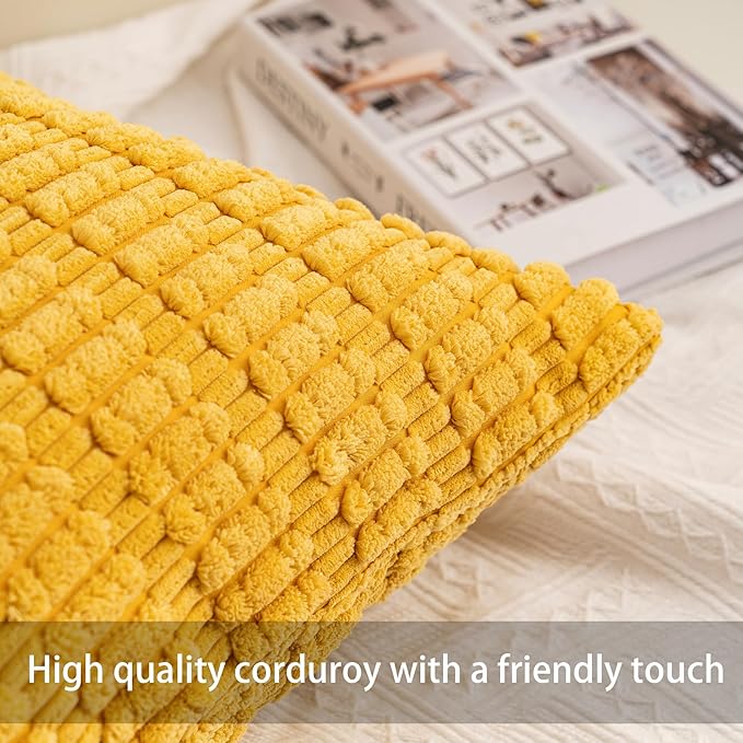 Pack of 2 Corduroy Decorative Throw Pillow Covers 12x20 InchSoft Boho Striped Pillow Covers Modern Farmhouse Home Decor for Sofa Living Room Couch Bed（Yellow）