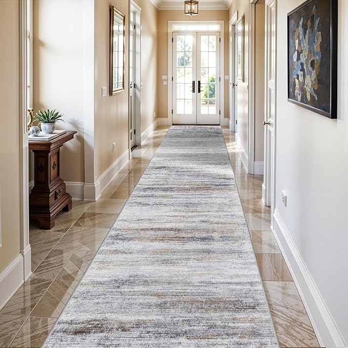 2x10 Washable Runner Rugs for Hallway: Easy-to-Clean Abstract Runners for Entryway Kitchen Dining Room- Stain and Water Resistant Rugs with Non-Slip Backing - Soft Low-Pile Carpet Beige Grey