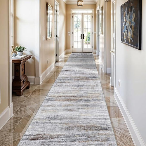 2x10 Washable Runner Rugs for Hallway: Easy-to-Clean Abstract Runners for Entryway Kitchen Dining Room- Stain and Water Resistant Rugs with Non-Slip Backing - Soft Low-Pile Carpet Beige Grey