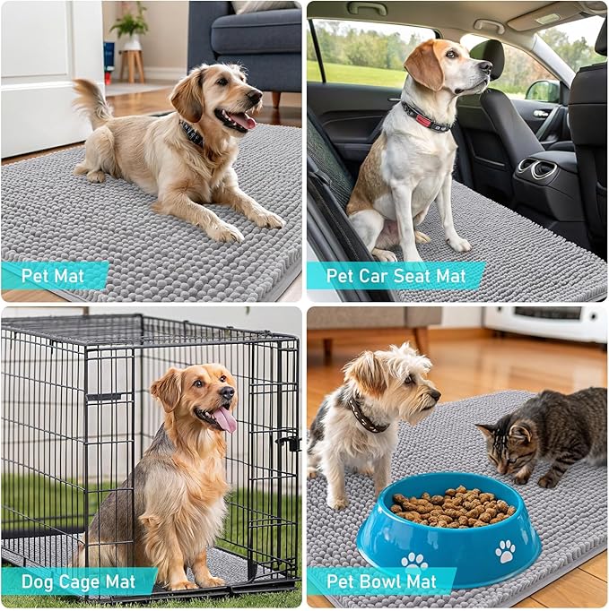 OLANLY Dog Door Mat for Muddy Paws 70x32, Absorbs Moisture and Dirt, Absorbent Non-Slip Washable Doormat, Quick Dry Chenille Mud Mat for Dogs, Entry Indoor Entryway Carpet for Inside Floor, Light Grey