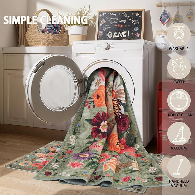 Area Rugs 9x12 Living Room Washable Rug Non Slip Floral Low Pile Large Rug for Living Room, Bedroom, Farmhouse, Dining Room, Kids Playroom(9 x 12, Blue Garden)