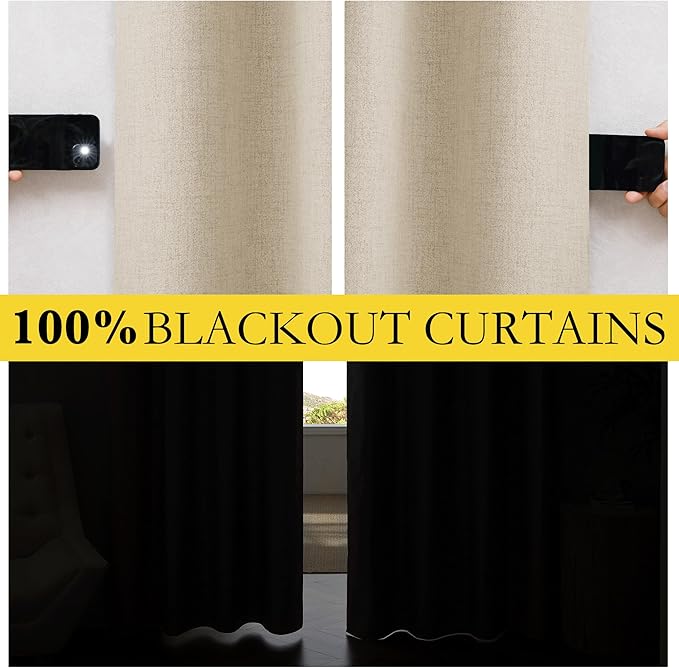 NICETOWN Cream 100% Blackout Linen Curtains 45 inch Long Burg for Living Room, 1 Pair, 52" Width Each Panel, Farmhouse Thick Completely Blackout Window Treatment Thermal Insulated Drapes