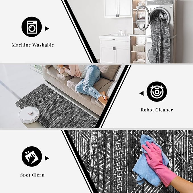 3x15 Washable Kitchen Runner Rug: Modern Moroccan Runners for Hallway Soft Non Slip Rugs with Rubber Backing Low Pile Thin Waterproof Floor Carpet for Entryway Bedroom Bathroom Indoor 3x15 Black