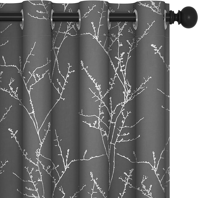 Deconovo Blackout Curtains 84 Inches Long, Light Gray Drapes for Living Room, Branch Silver Print, Soundproof Thermal Insulated Privacy Window Curtain for Bedroom Nursery, Set of 2, Machine Washable