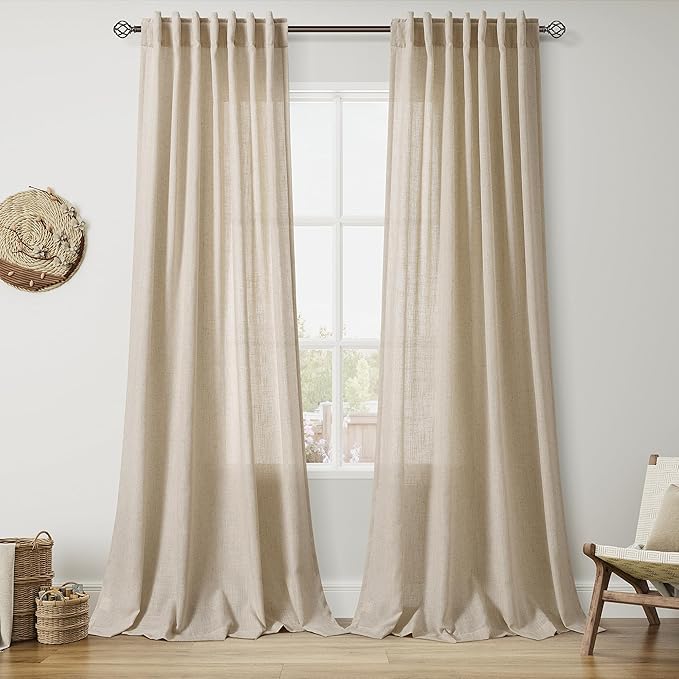 Taupe Burlywood Linen Curtains for Living Room 100 Inches Long Light Filtering Semi Sheer Curtain Back Tab Rustic Luxury Neutral Modern Farmhouse Decor Drapes for Bedroom Dinner Room 52x100, 2 Panels