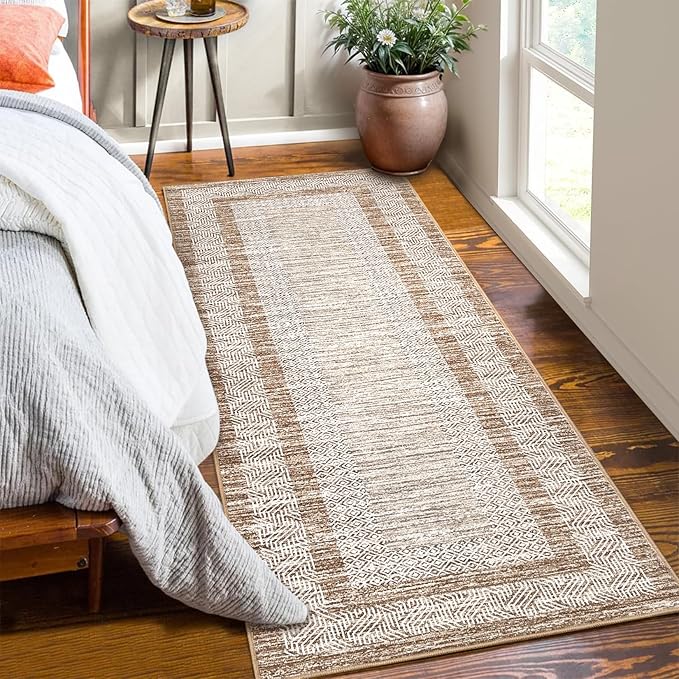 Washable 2.5x10 Kitchen Runner Rug, Easy Clean Geometri Rugs for Hallway Entryway, Indoor Outdoor Non Slip Rug Farmhouse Morden Carpet Door Mat Area Rug for Laundry Room Brown