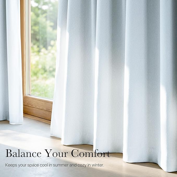 NICETOWN Farmhouse 100% Blackout Linen Curtains for Bedroom, Off White, W52, 2 Pieces, Noise Reducing Textured Linen Look 95 inch Length Curtains for Living Room