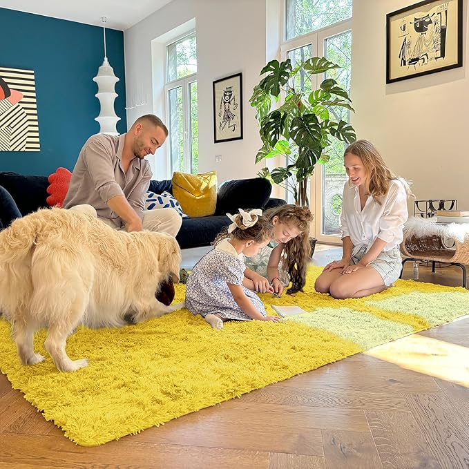 OLANLY 9x12 Machine Washable Large Area Rugs for Living Room, Bedroom, Soft Fluffy Shaggy Bedside Rug, Indoor Floor Carpet for Kids Girls and Boys, Dorms, Nursery, Home Decor Aesthetic, Yellow