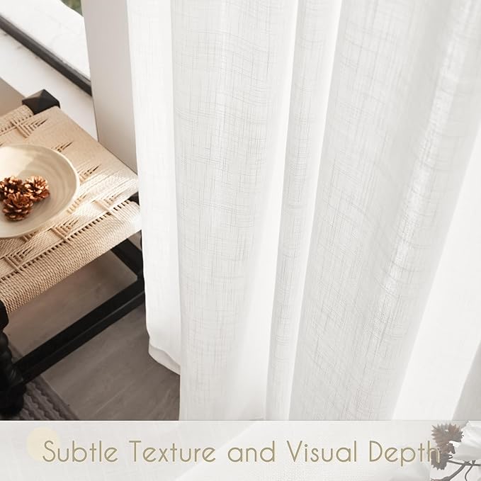 White Curtains 96 inches Long 2 Panels Back Tab Light Filtering Cotton Textured Curtain Modern Farmhouse Coastal Decor Off White Linen Drapes 96 inch Length for Patio Sliding Door Office 60x96
