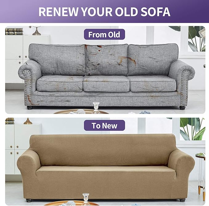 Joccun Stretch Couch Cover Slipcovers, 1-Piece Sofa Covers for 3 Cushion Couch Spandex Jacquard Washable Furniture Protector Cover for Living Room,Kids,Pets(Sofa,Tan)