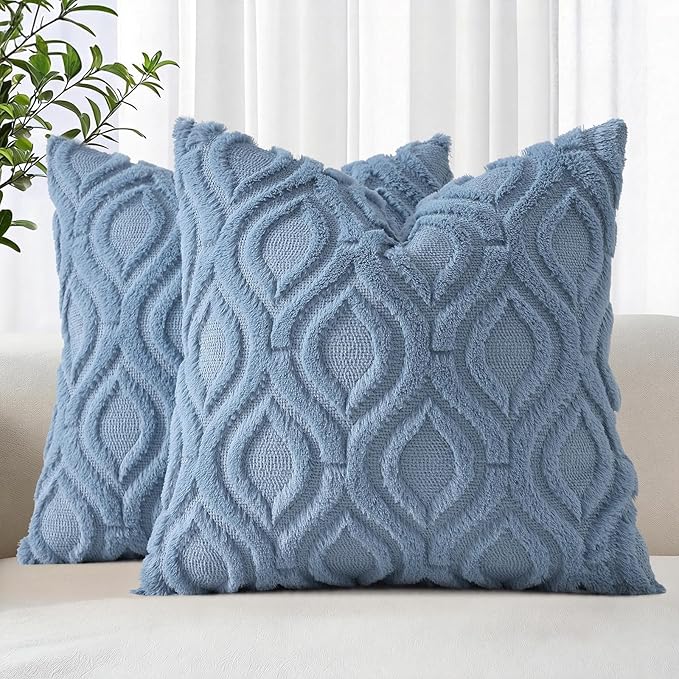 decorUhome Throw Pillow Covers 26x26 Inch Set of 2, Soft Plush Faux Wool Dusty Blue Solid Couch Pillow Covers, Accent Euro Sham Farmhouse Neutral Square Pillow Cases for Sofa Bed Living Room