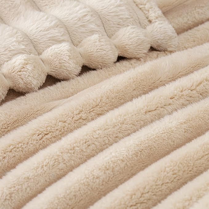 Exclusivo Mezcla King Size Flannel Fleece Blanket, Super Soft Striped Jacquard Bed Blanket, Lightweight Fuzzy Cozy for All Seasons, 90x104 Inches, Beige