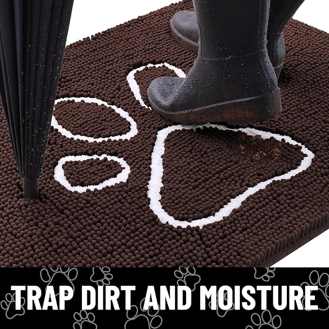 Smiry Dog Door Mat for Muddy Paws, Absorbent Dirt Trapper Non Slip Quick Dry Washable Chenille Mat for Mud Dogs, Entry Rug for Indoor and Outdoor (70x32 Inches, Brown and White)