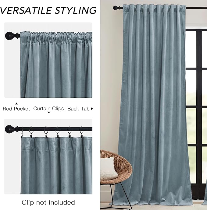 RYB HOME Stone Blue Velvet Curtains 96 inches - Blackout Curtains for Bedroom Thermal Insulated Noise Reducing Soft Luxury Window Decor for Living Room, W52 x L96 inches, 2 Panels