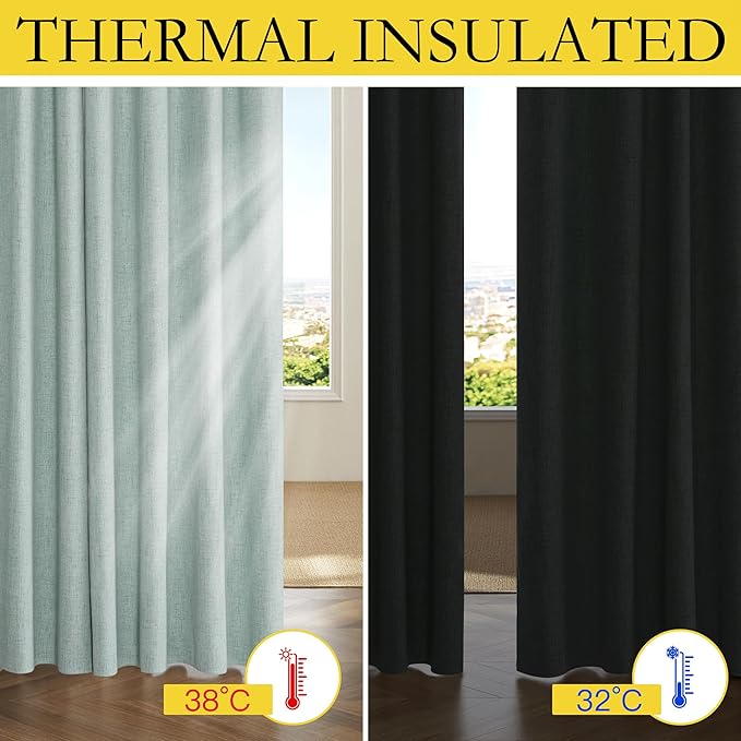 NICETOWN 100% Absolutely Blackout Linen Curtains with Thermal Insulated Liner, Seafoam Green, 42" Wide, 45" Length Energy Saving Curtains for Dining Room 2 Panels Set, Vertical Blinds