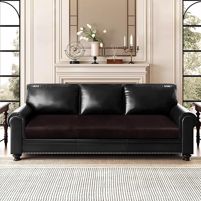 Leather Look Couch Cushion Covers Sofa Seat Slipcovers Sets Couches Furniture Protector for Sectional Armchair Loveseat Pets Kids Stretch Spandex Fabric (1 Cushion XL Sofa, Chocolate)
