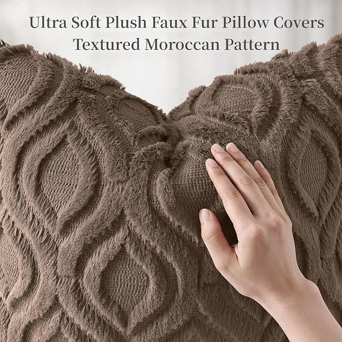 decorUhome Throw Pillow Covers 18x18 Inch Set of 2, Soft Plush Faux Wool Brown Solid Couch Pillow Covers, Accent Farmhouse Neutral Square Pillow Cases for Sofa Bed Living Room