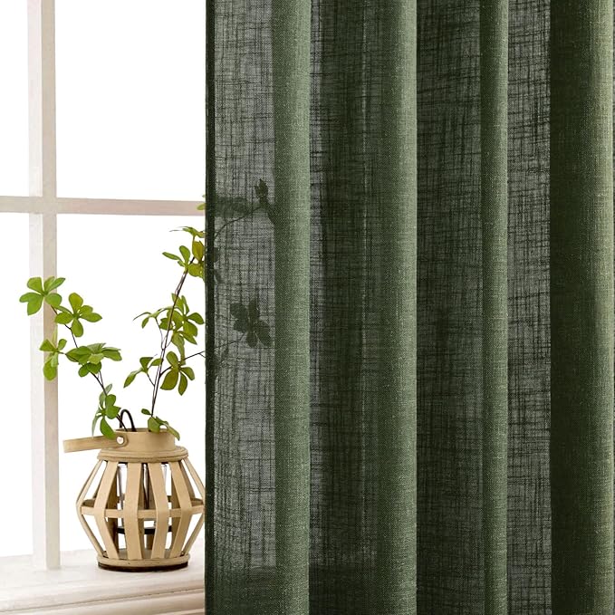 MIULEE Olive Green Linen Curtains 63 Inch Length 2 Panels for Bedroom Living Room, Soft Thick Linen Textured Natural Window Drapes Semi Sheer Light Filtering Back Tab Rod Pocket Burlap Look Decor