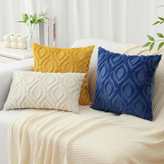 decorUhome Throw Pillow Covers 16x16 Inch Set of 2, Soft Plush Faux Wool Dark Blue Solid Couch Pillow Covers, Accent Farmhouse Neutral Square Pillow Cases for Sofa Bed Living Room
