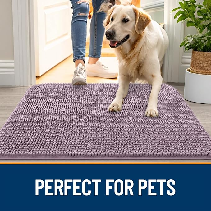 OLANLY Dog Door Mat for Muddy Paws 40x24, Absorbs Moisture and Dirt, Absorbent Non-Slip Washable Doormat, Quick Dry Chenille Mud Mat for Dogs, Entry Indoor Entryway Carpet for Inside Floor, Deep Plum