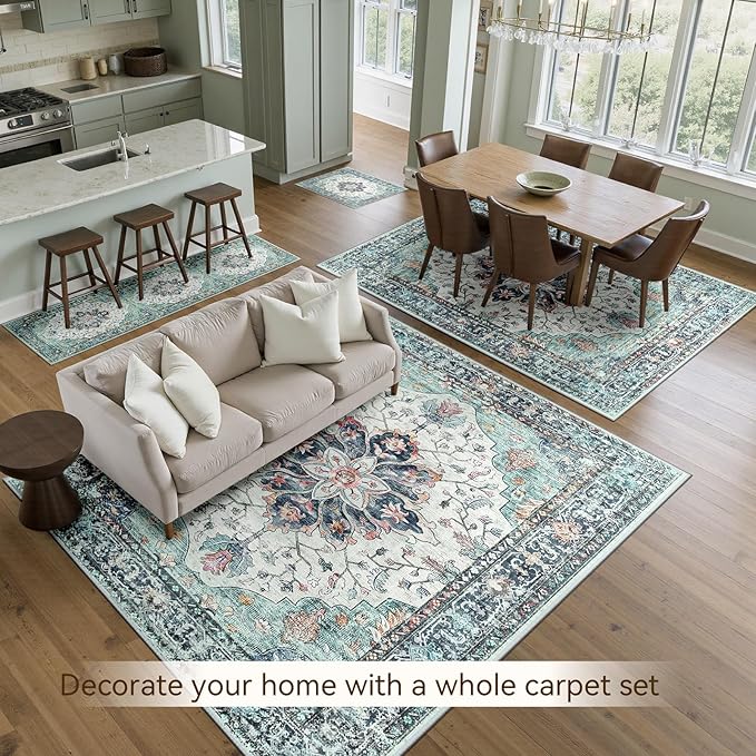 RELEANY Area Rugs 5'x8' Washable Non-Slip, Floral Vintage Distress Print Pattern Medallion Carpet for Living Room Bedroom Dining Room, Green Navy Blue White Red Teal Colorful